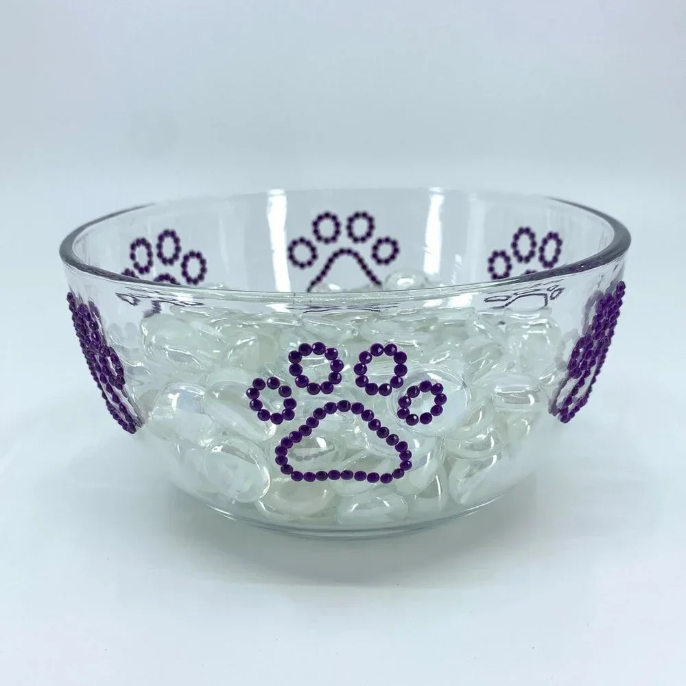 Dog, cat, pet medium water, food glass bowl. Purple paws.